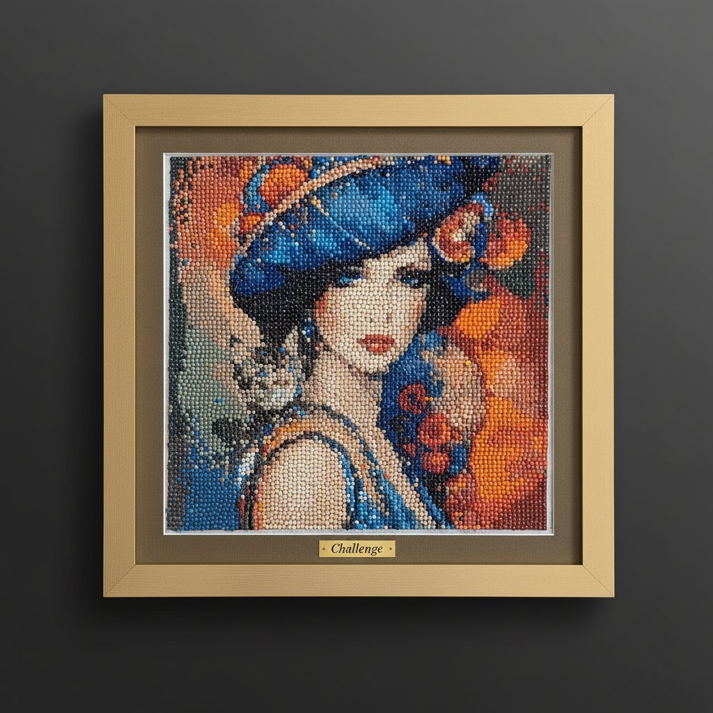 Challenge diamond painting with gold frame on dark background