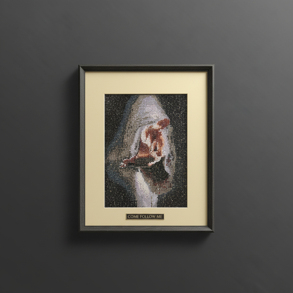 COME FOLLOW ME diamond painting on dark background